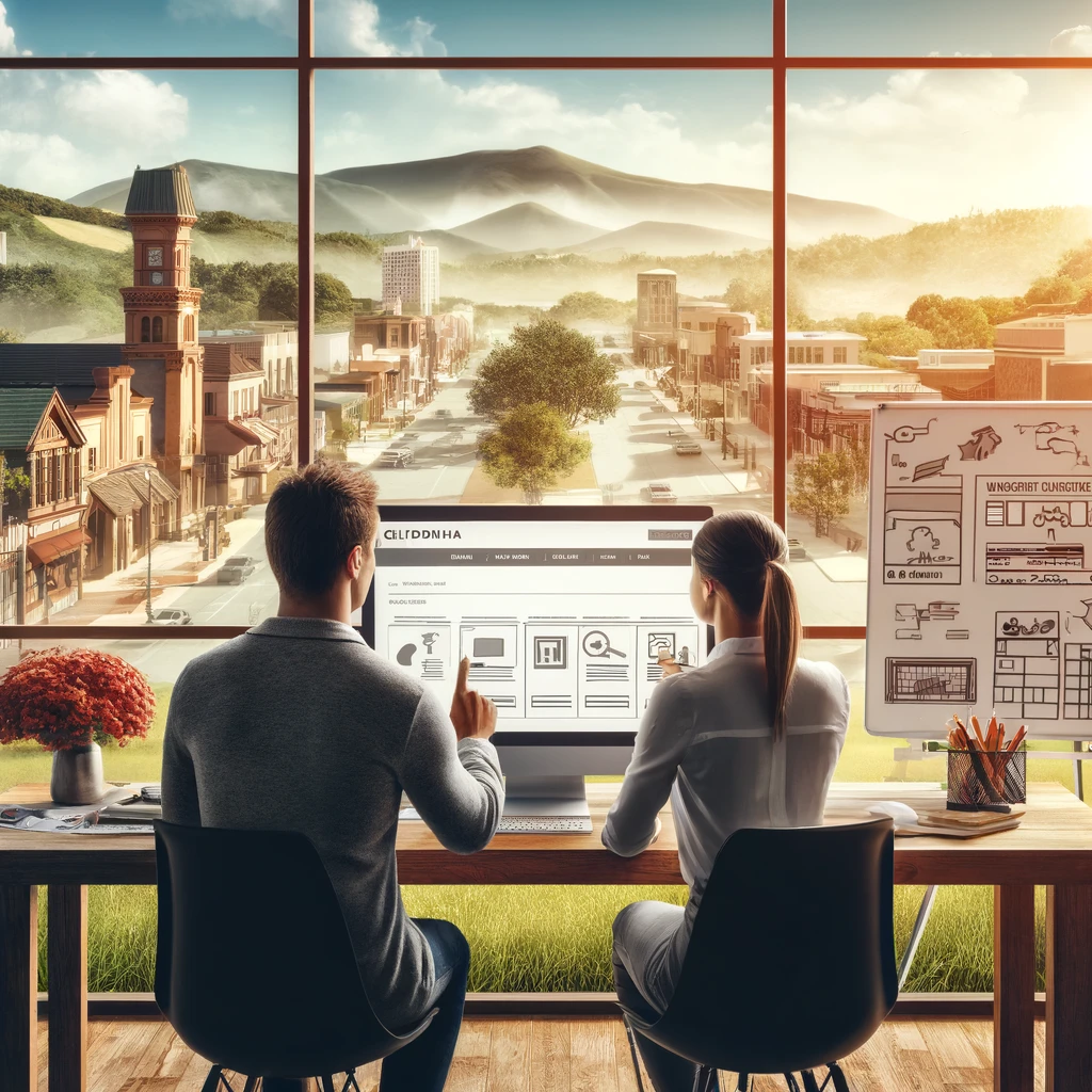 Professional office setting with a girl and a guy planning a website, overlooking Ramona, California with rolling hills and small town Main Street buildings.